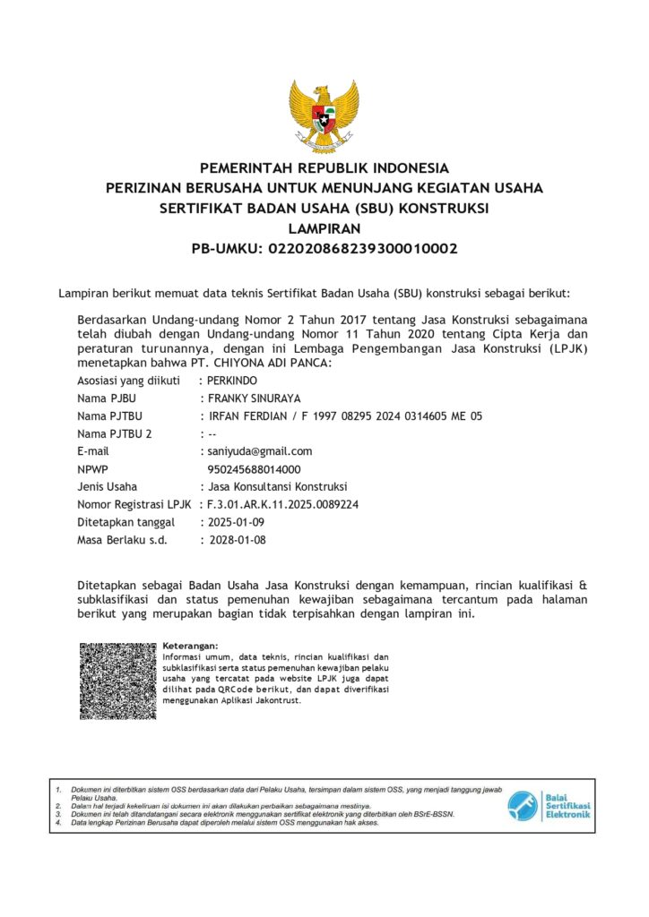 5 PT Chiyona Adi Panca - Konsultan Profesional dan Terpercaya, Solusi Cepat Urus SLF, PBG, dan AMDAL di Bogor, Depok, Tangerang, Bekasi, Jakarta, Bandung, Semarang, Malang, Surabaya, dan seluruh Indonesia