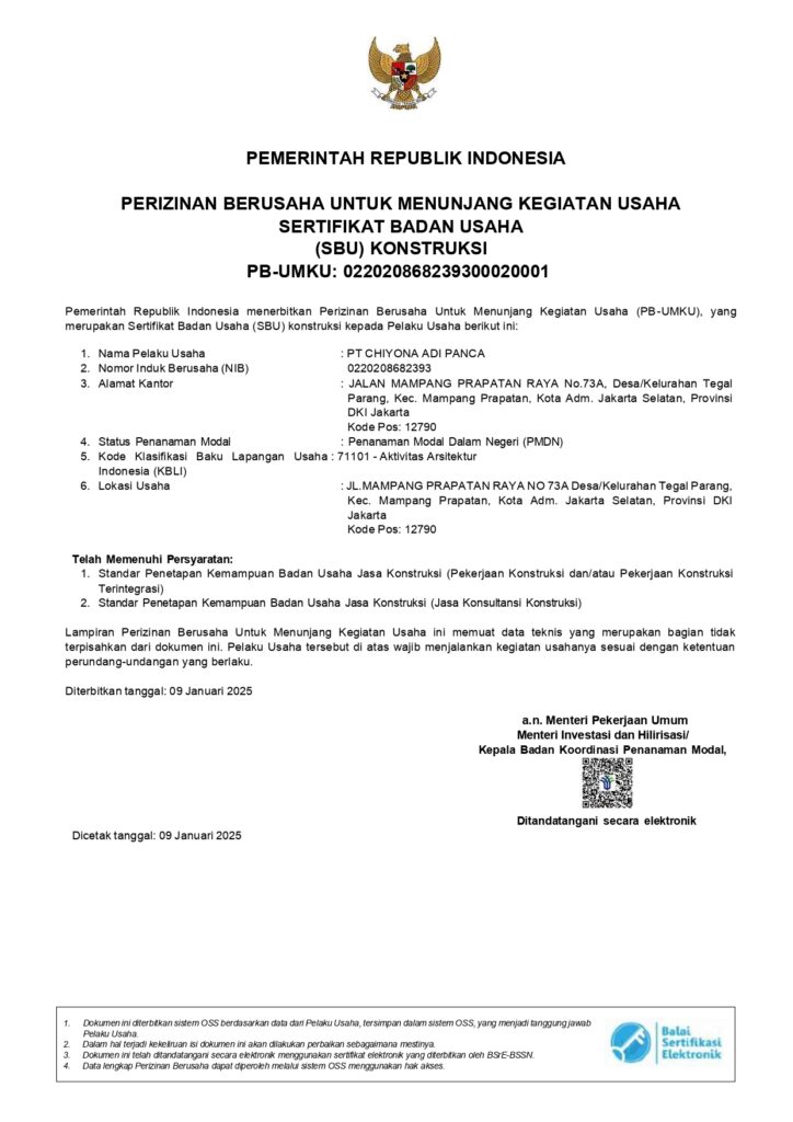 7 PT Chiyona Adi Panca - Konsultan Profesional dan Terpercaya, Solusi Cepat Urus SLF, PBG, dan AMDAL di Bogor, Depok, Tangerang, Bekasi, Jakarta, Bandung, Semarang, Malang, Surabaya, dan seluruh Indonesia